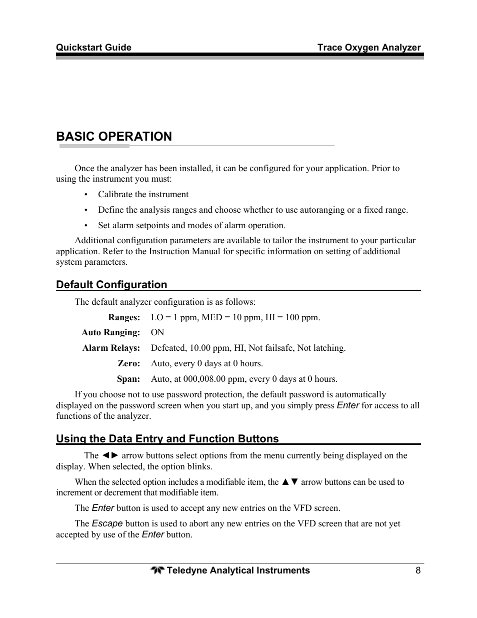 Basic operation | Teledyne Trace Oxygen Analyzer 3000TA-XL-EU User Manual | Page 10 / 17