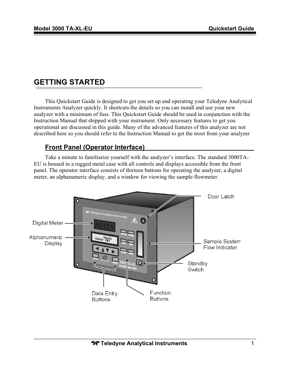 Getting started | Teledyne Trace Oxygen Analyzer 3000TA-XL-EU User Manual | Page 3 / 17