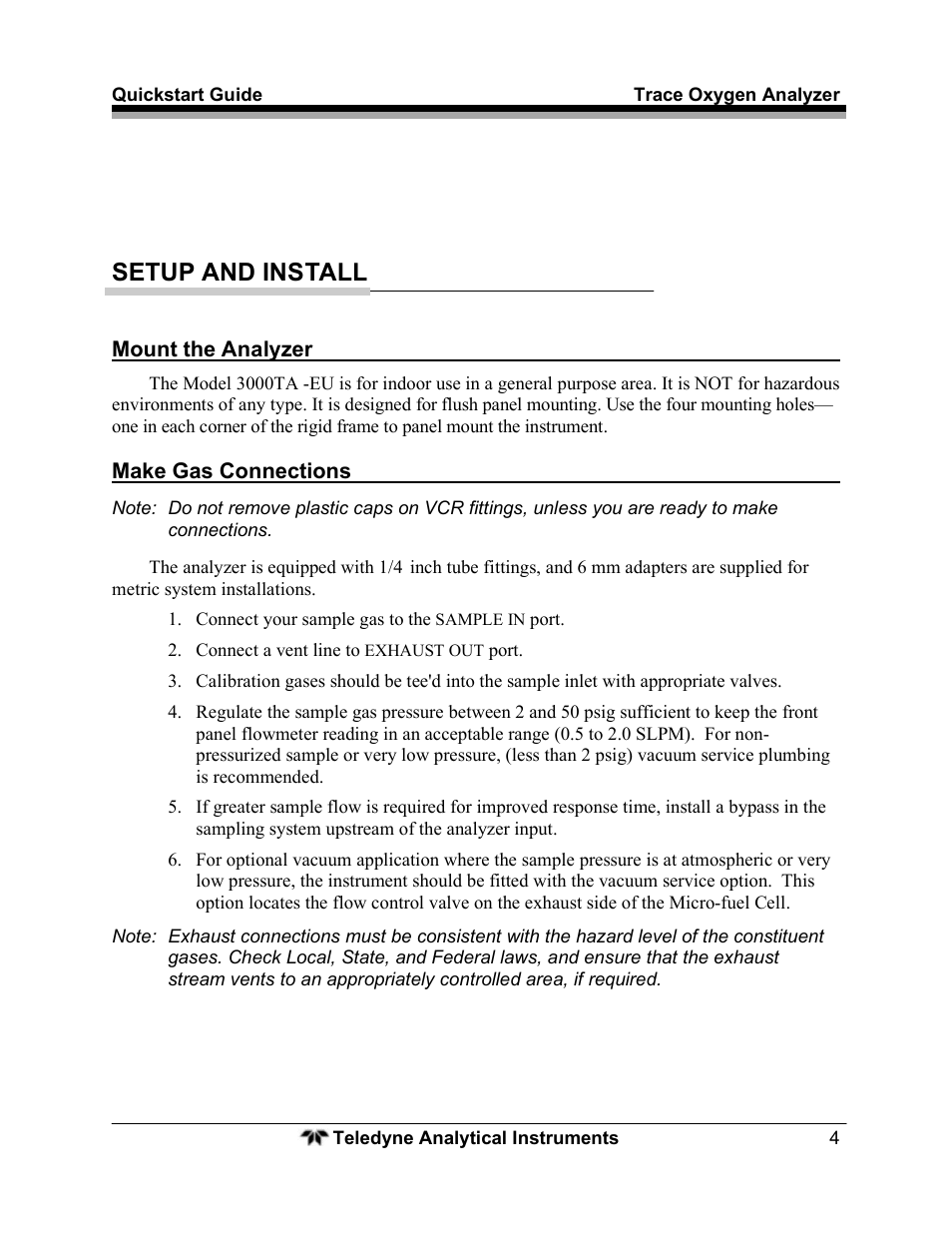 Setup and install | Teledyne Trace Oxygen Analyzer 3000TA-XL-EU User Manual | Page 6 / 17