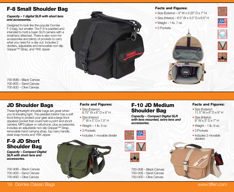F-8 small shoulder bag, Jd shoulder bags, F-9 jd short shoulder bag | F-10 jd medium shoulder bag | Tiffen Domke User Manual | Page 10 / 24