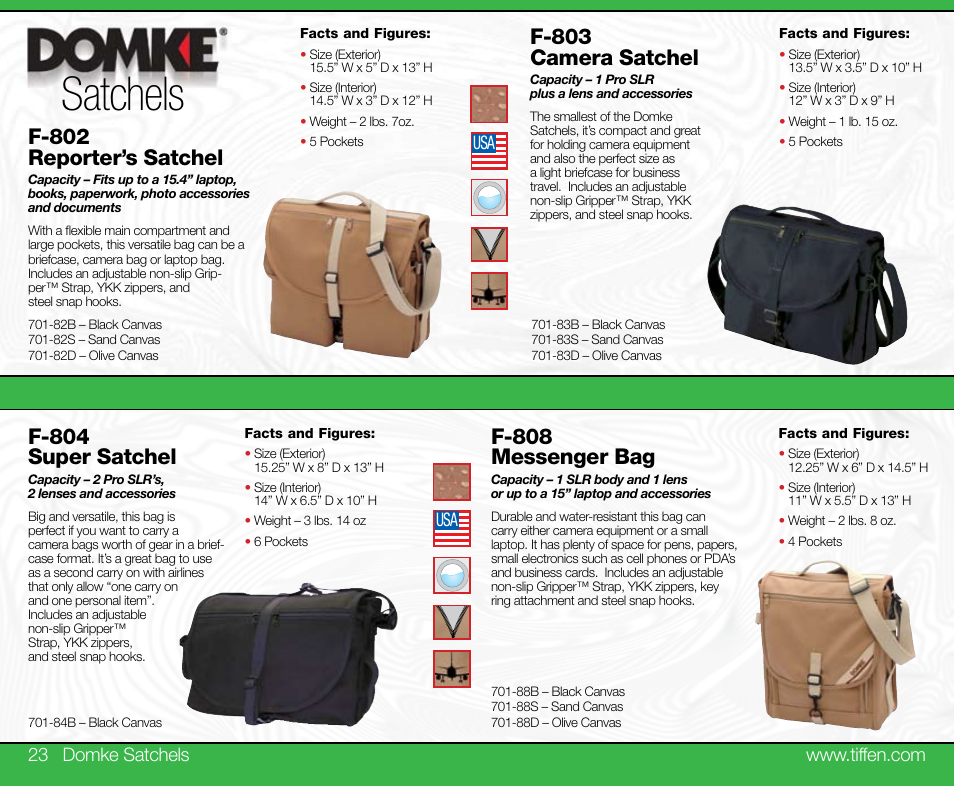 Satchels, F-802 reporter’s satchel, F-803 camera satchel | F-808 messenger bag, F-804 super satchel | Tiffen Domke User Manual | Page 12 / 24