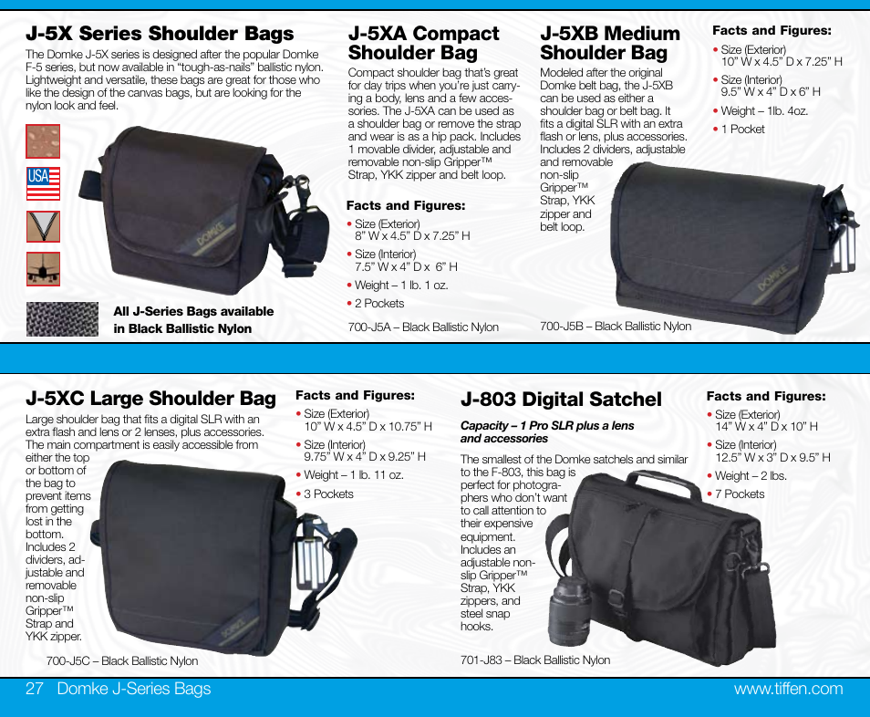 J-5x series shoulder bags, J-5xa compact shoulder bag, J-5xb medium shoulder bag | J-5xc large shoulder bag, J-803 digital satchel | Tiffen Domke User Manual | Page 14 / 24