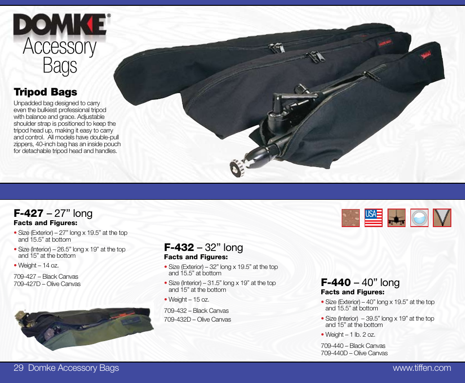 Accessory, Bags, Tripod bags | Tiffen Domke User Manual | Page 15 / 24