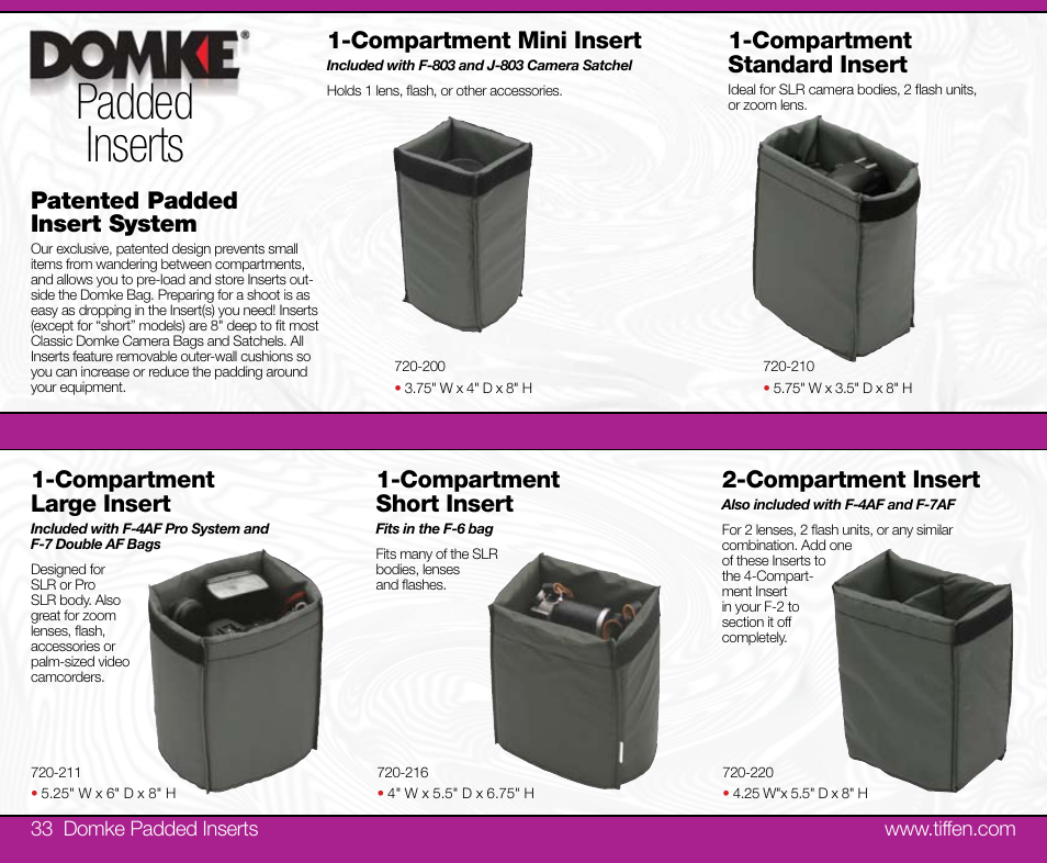 Padded inserts, Patented padded insert system, Compartment mini insert | Compartment large insert, Compartment standard insert, Compartment short insert, Compartment insert | Tiffen Domke User Manual | Page 17 / 24