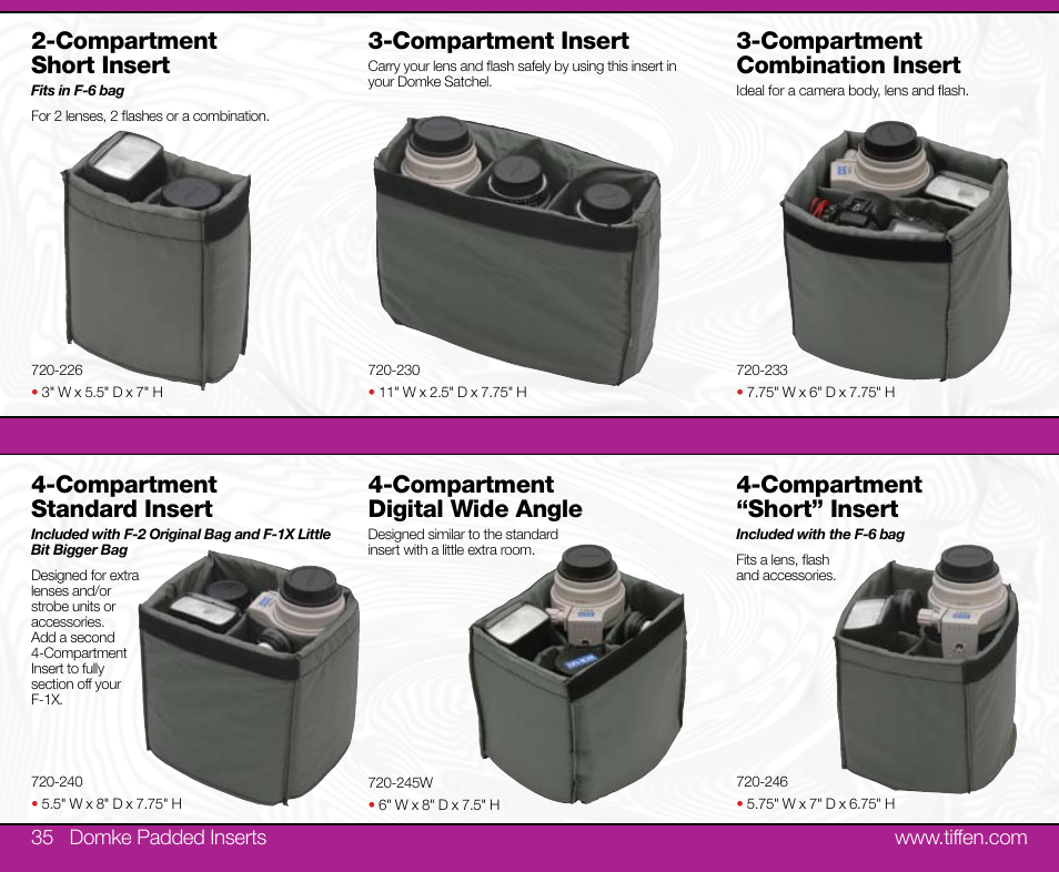Compartment insert, Compartment standard insert, Compartment combination insert | Compartment short insert, Compartment digital wide angle, Compartment “short” insert | Tiffen Domke User Manual | Page 18 / 24