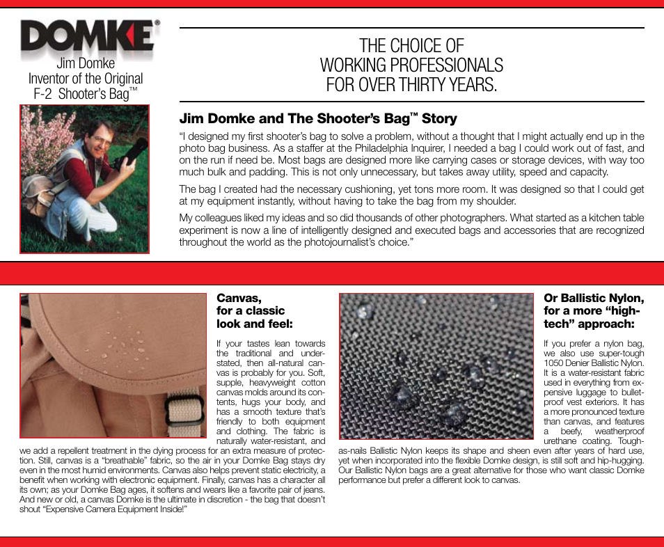Jim domke and the shooter’s bag, Story | Tiffen Domke User Manual | Page 2 / 24
