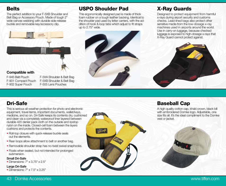 Uspo shoulder pad, Dri-safe, X-ray guards | Baseball cap, Belts | Tiffen Domke User Manual | Page 22 / 24