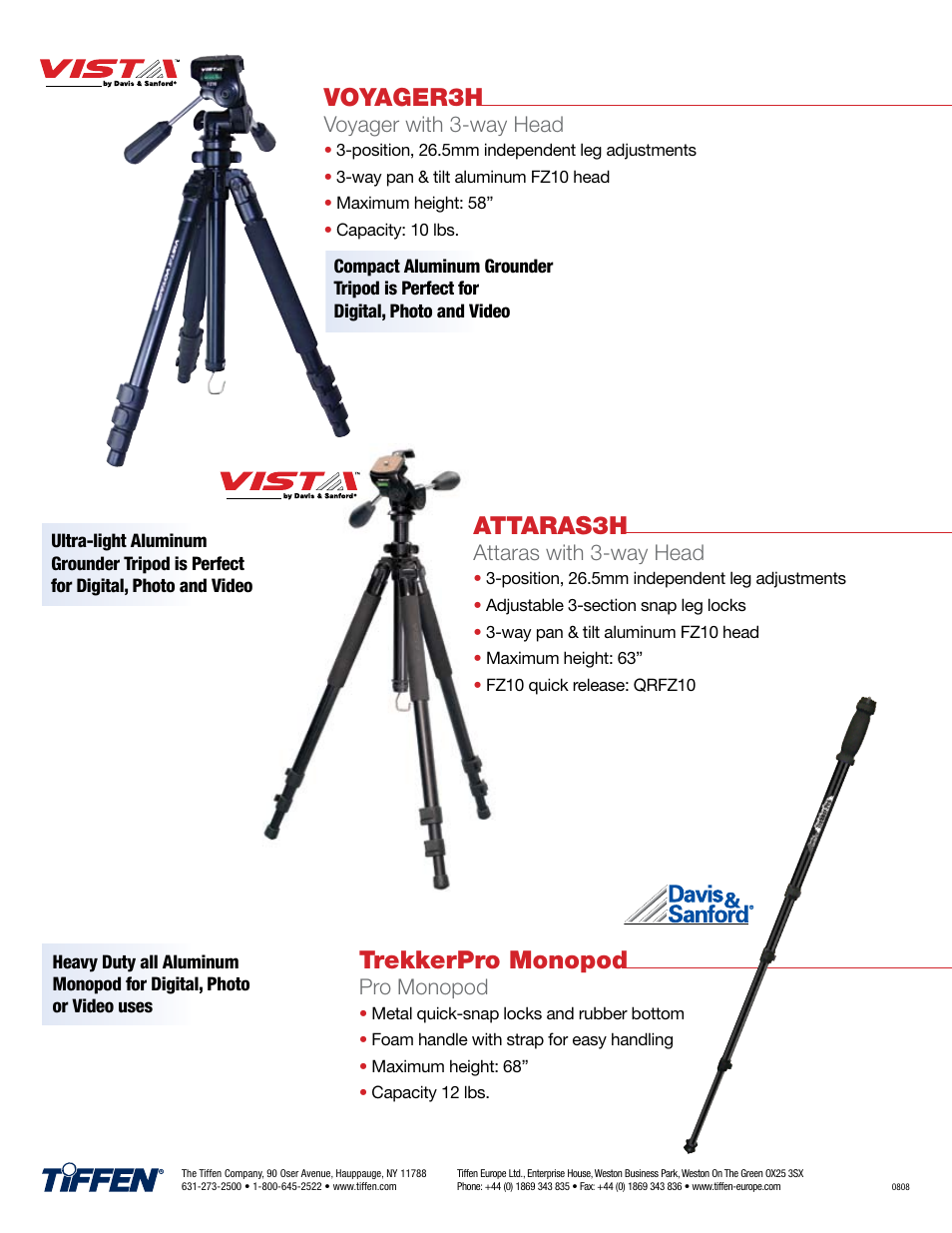 Voyager3h, Attaras3h, Trekkerpro monopod | Voyager with 3-way head, Attaras with 3-way head, Pro monopod | Tiffen Davis & Sanford FZ10 3 User Manual | Page 2 / 2
