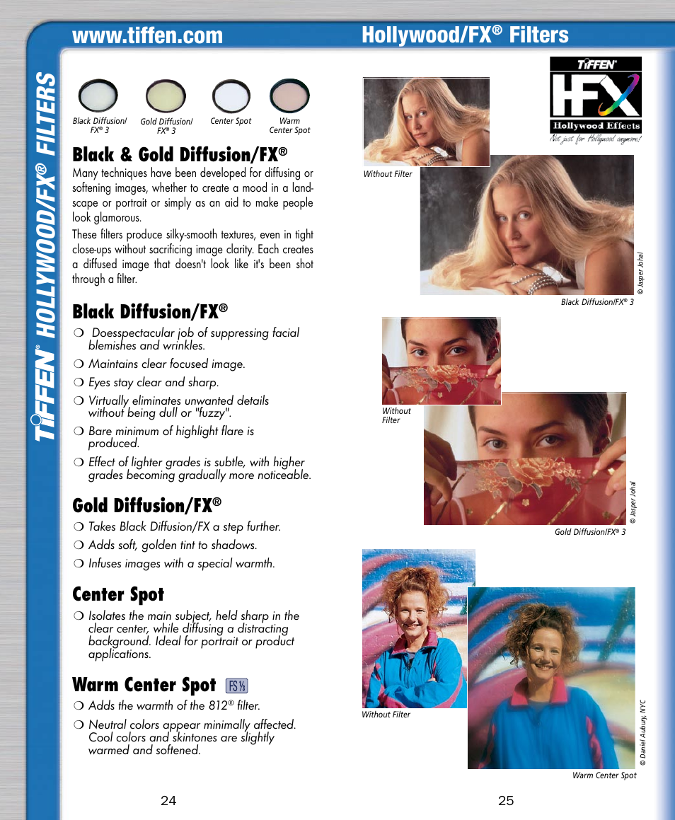 Holl ywood/ fx, Fil ters, Hollywood/fx | Filters, Black & gold diffusion/fx, Black diffusion/fx, Gold diffusion/fx, Center spot, Warm center spot | Tiffen Digital Photo Video User Manual | Page 13 / 24