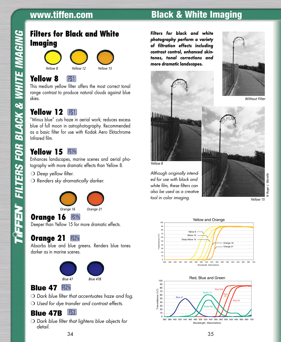 Fil ters for bla ck & wh ite ima ging, Black & white imaging, Orange 16 | Orange 21, Filters for black and white imaging yellow 8, Yellow 12, Yellow 15, Blue 47, Blue 47b, Deeper than yellow 15 for more dramatic effects | Tiffen Digital Photo Video User Manual | Page 18 / 24