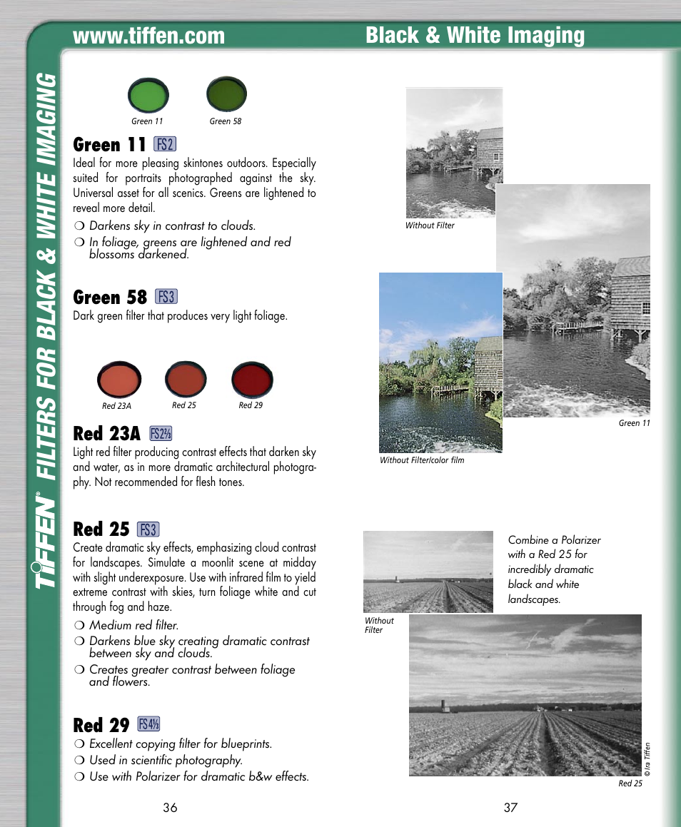 Fil ters for bla ck & wh ite ima ging, Black & white imaging, Red 23a | Red 25, Red 29, Green 11, Green 58 | Tiffen Digital Photo Video User Manual | Page 19 / 24
