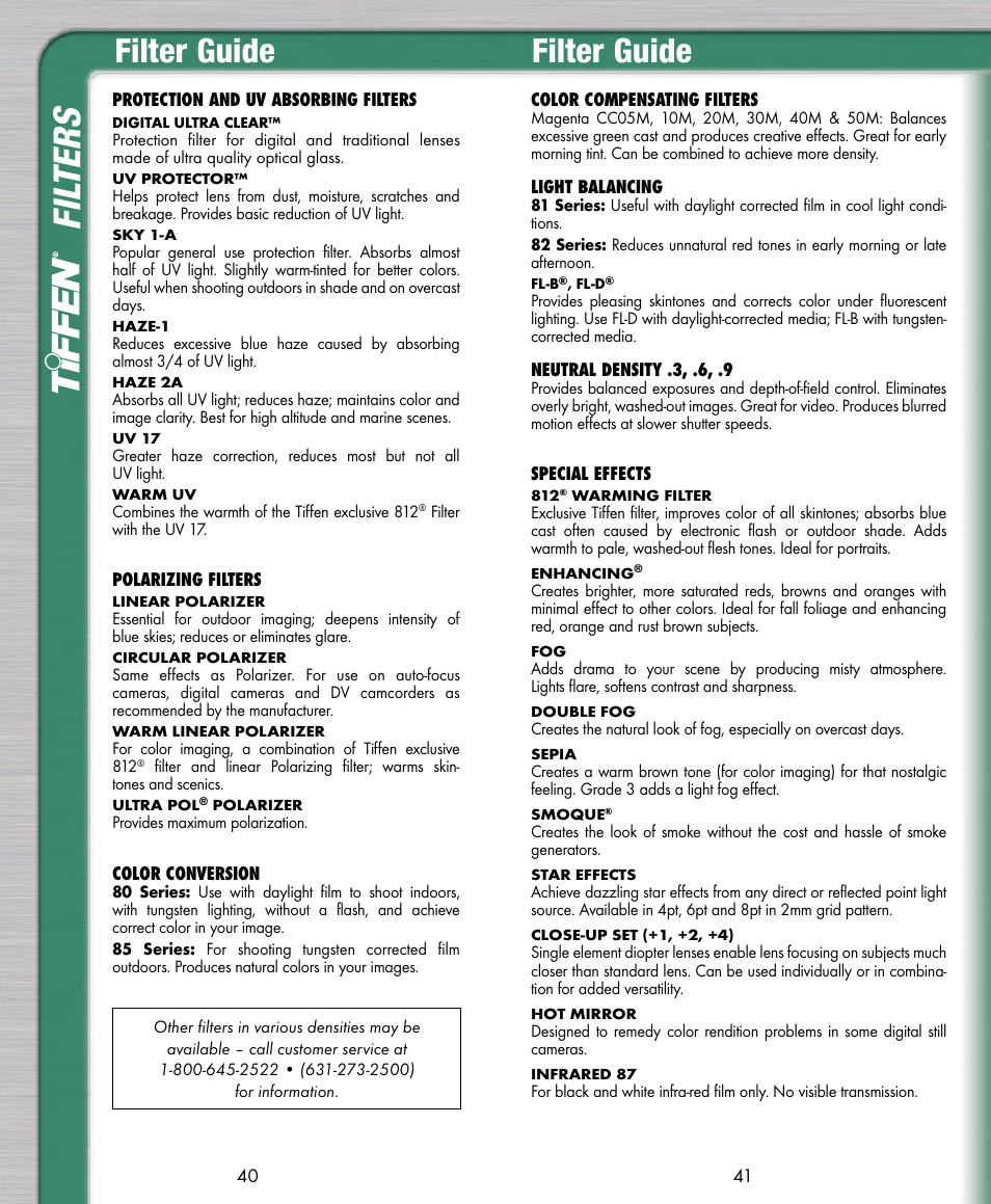 Fil ters, Filter guide | Tiffen Digital Photo Video User Manual | Page 21 / 24