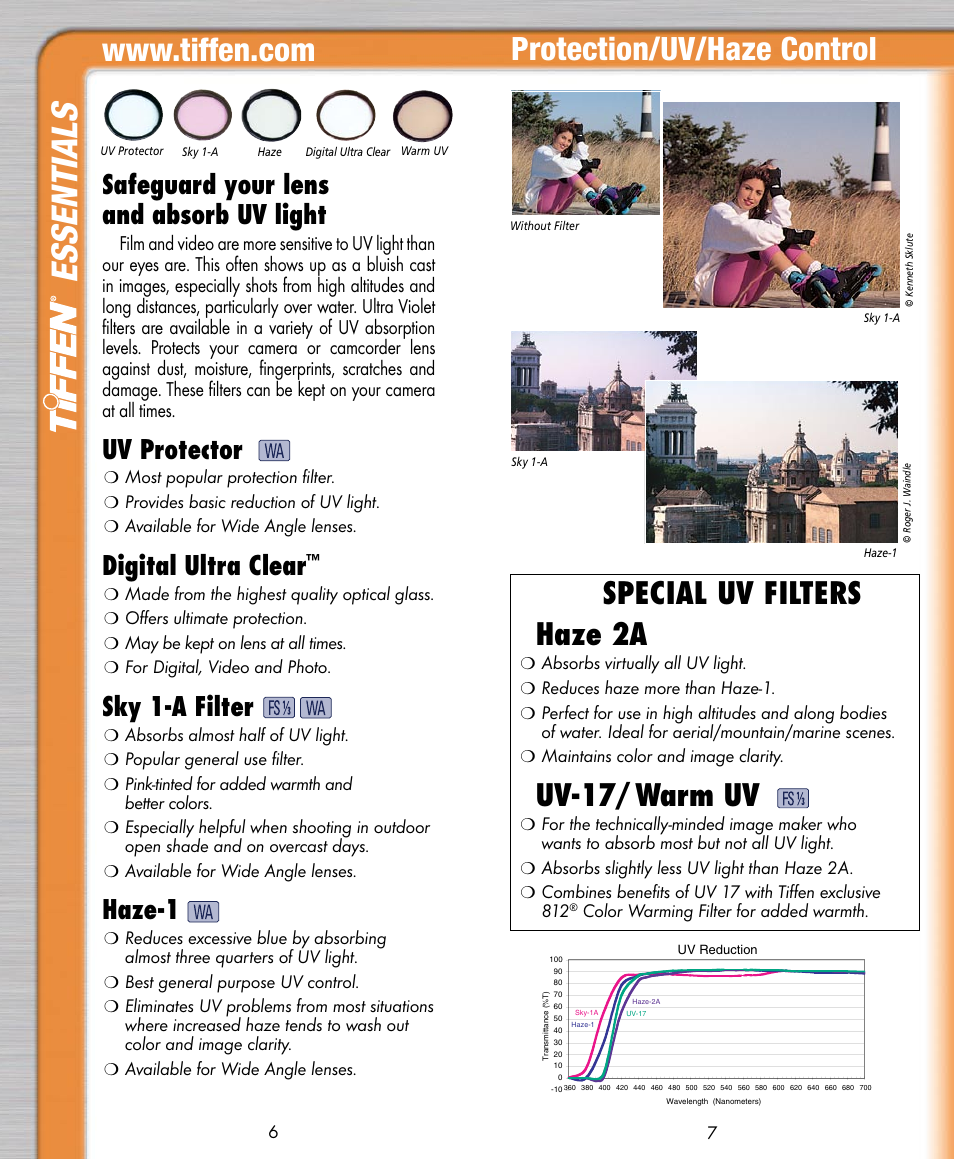 Essentials, Protection/uv/haze control, Special uv filters haze 2a | Uv-17/warm uv, Safeguard your lens and absorb uv light, Uv protector, Digital ultra clear, Sky 1-a filter, Haze-1 | Tiffen Digital Photo Video User Manual | Page 4 / 24