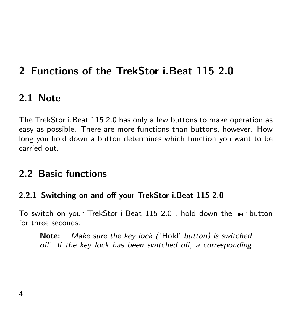 Functions of the trekstor i.beat 115 2.0, Note, Basic functions | Switching on and off your trekstor i.beat 115 2.0, 2 basic functions | TrekStor 115 User Manual | Page 10 / 34