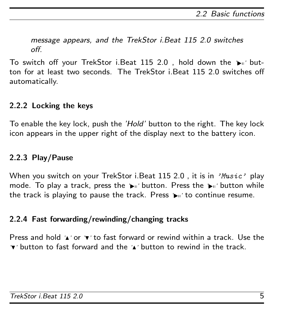 Locking the keys, Play/pause, Fast forwarding/rewinding/changing tracks | TrekStor 115 User Manual | Page 11 / 34