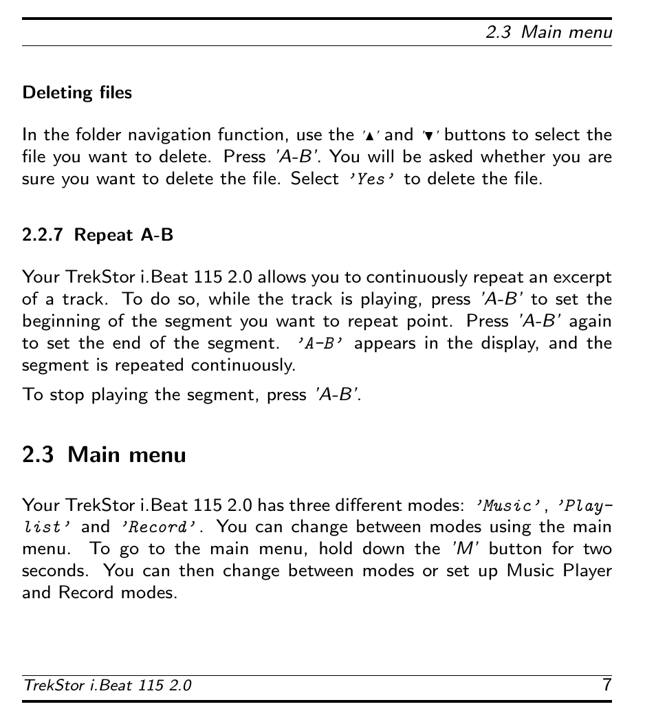 Deleting files, Repeat a-b, Main menu | 3 main menu | TrekStor 115 User Manual | Page 13 / 34
