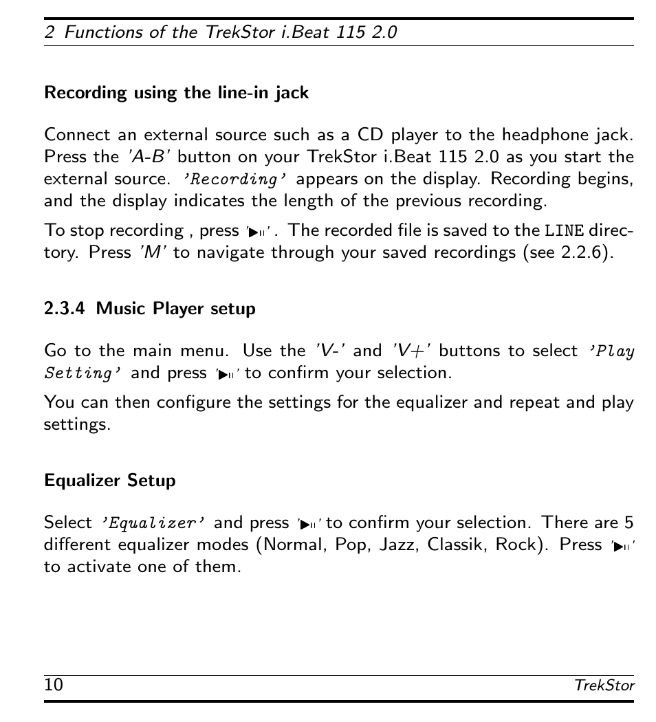 Recording using the line-in jack, Music player setup, Equalizer setup | TrekStor 115 User Manual | Page 16 / 34