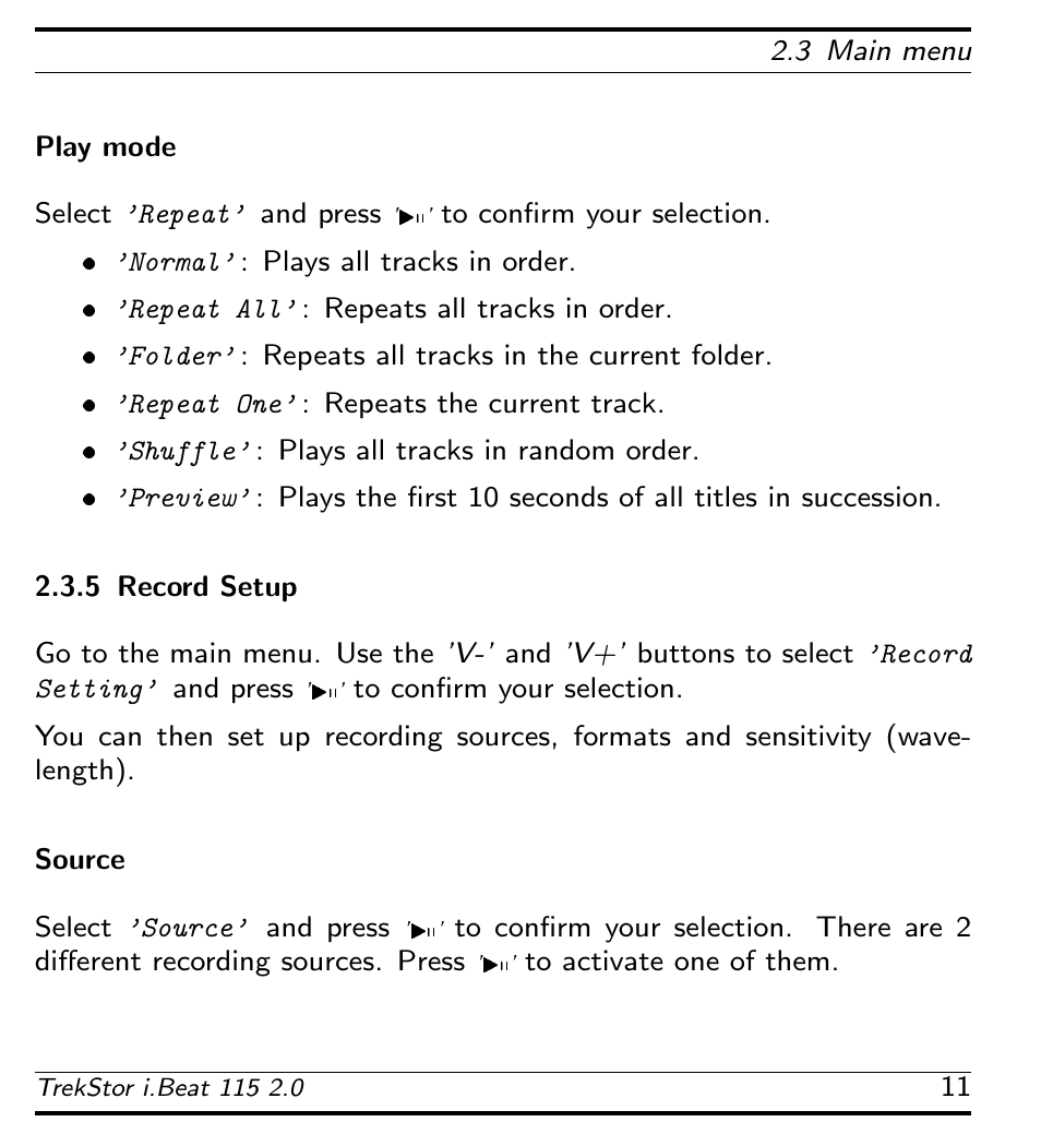 Play mode, Record setup, Source | TrekStor 115 User Manual | Page 17 / 34