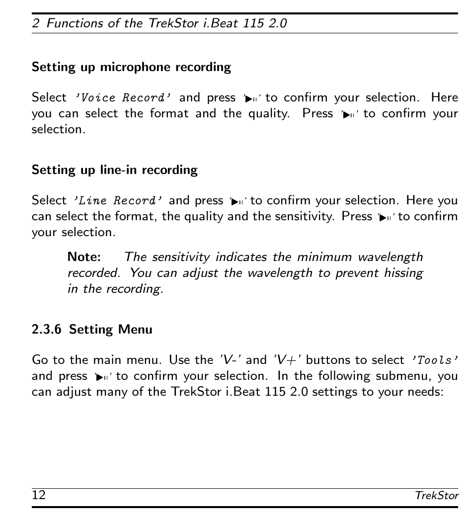Setting up microphone recording, Setting up line-in recording, Setting menu | TrekStor 115 User Manual | Page 18 / 34