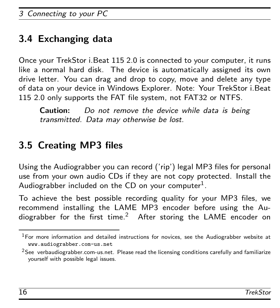 Exchanging data, Creating mp3 files, 4 exchanging data | 5 creating mp3 files | TrekStor 115 User Manual | Page 22 / 34