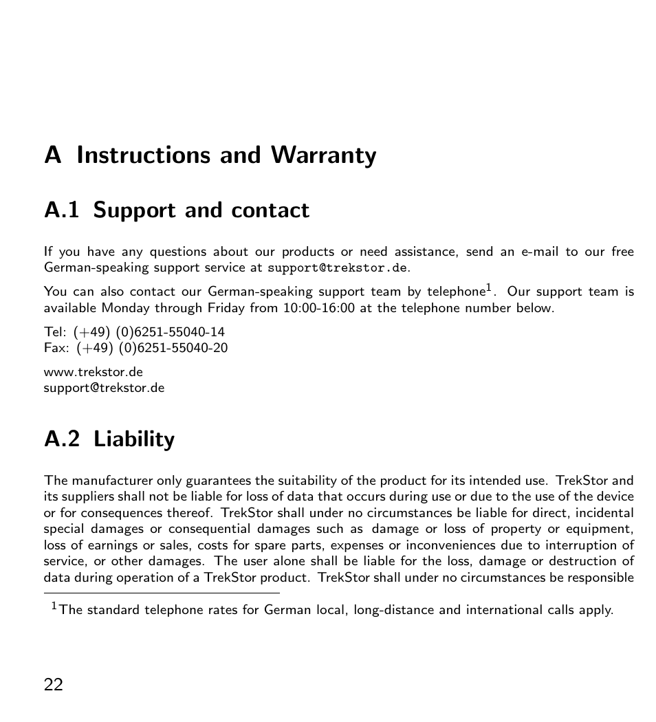 Instructions and warranty, Support and contact, Liability | A instructions and warranty, A.1 support and contact, A.2 liability | TrekStor 115 User Manual | Page 28 / 34