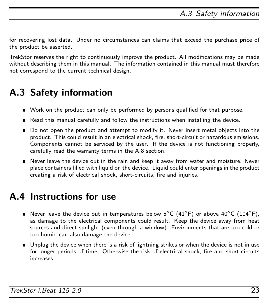Safety information, Instructions for use, A.4 instructions for use | A.3 safety information | TrekStor 115 User Manual | Page 29 / 34
