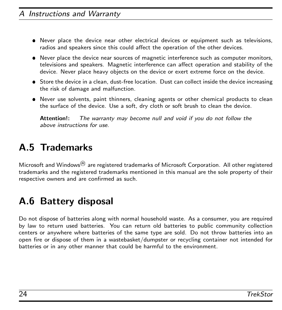 Trademarks, Battery disposal, A.5 trademarks | A.6 battery disposal, A instructions and warranty | TrekStor 115 User Manual | Page 30 / 34