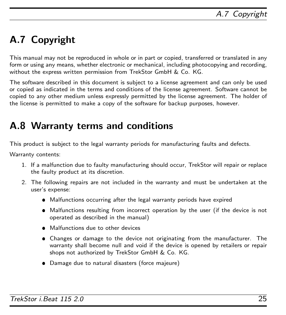 Copyright, Warranty terms and conditions, A.8 warranty terms and conditions | A.7 copyright | TrekStor 115 User Manual | Page 31 / 34