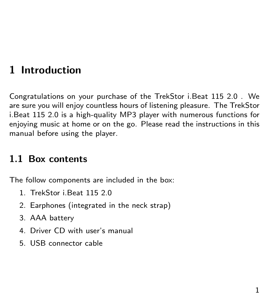 Introduction, Box contents, 1 introduction | 1 box contents | TrekStor 115 User Manual | Page 7 / 34