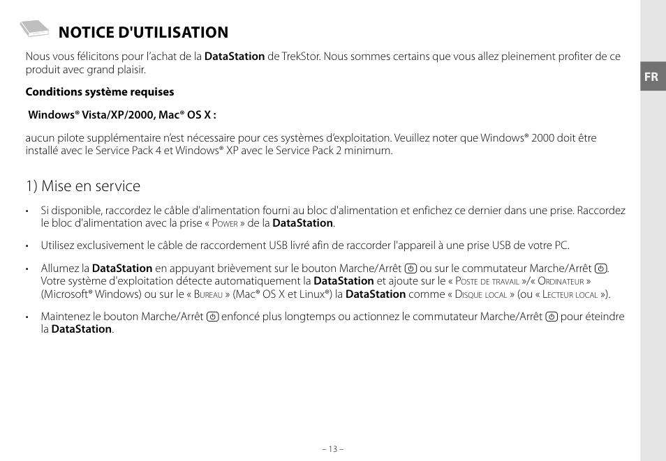 Notice d'utilisation, 1) mise en service | TrekStor DataStation maxi g.u User Manual | Page 13 / 65