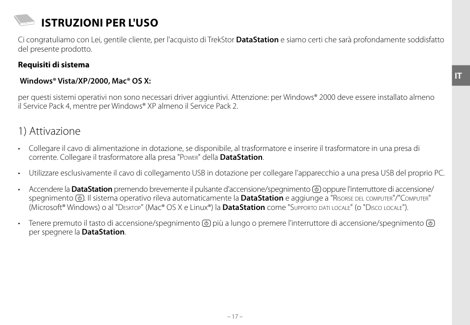 Istruzioni per l'uso, 1) attivazione | TrekStor DataStation maxi g.u User Manual | Page 17 / 65