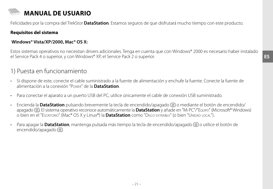 Manual de usuario, 1) puesta en funcionamiento | TrekStor DataStation maxi g.u User Manual | Page 21 / 65