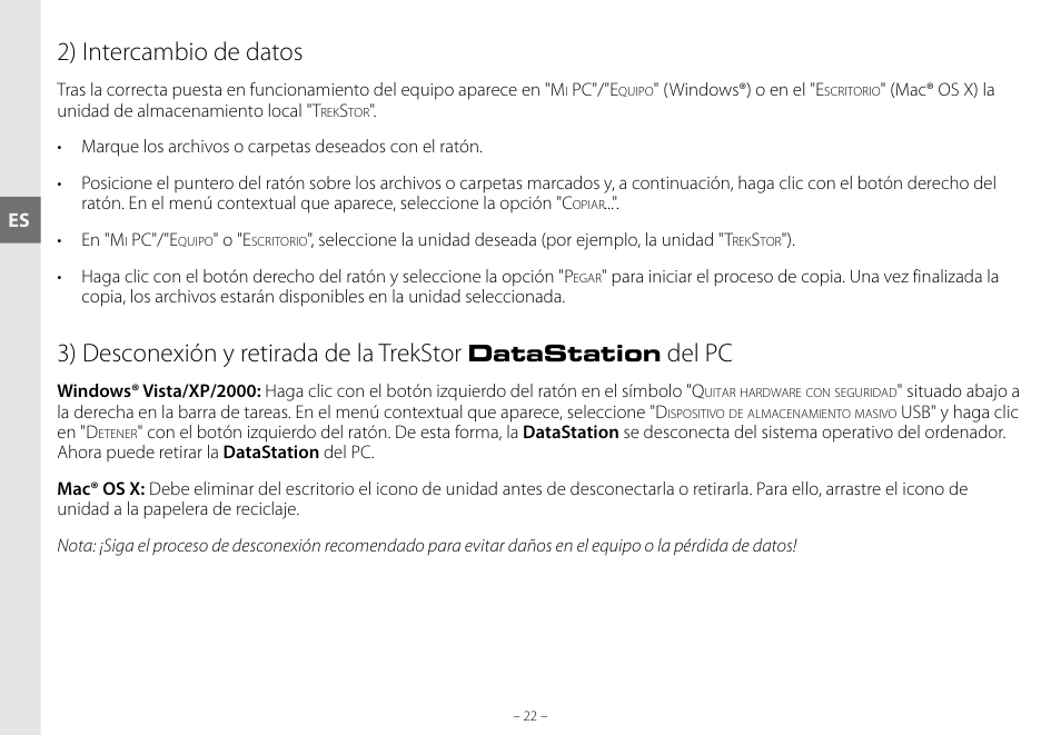 2) intercambio de datos, 3) desconexión y retirada de la trekstor, Del pc | Datastation | TrekStor DataStation maxi g.u User Manual | Page 22 / 65