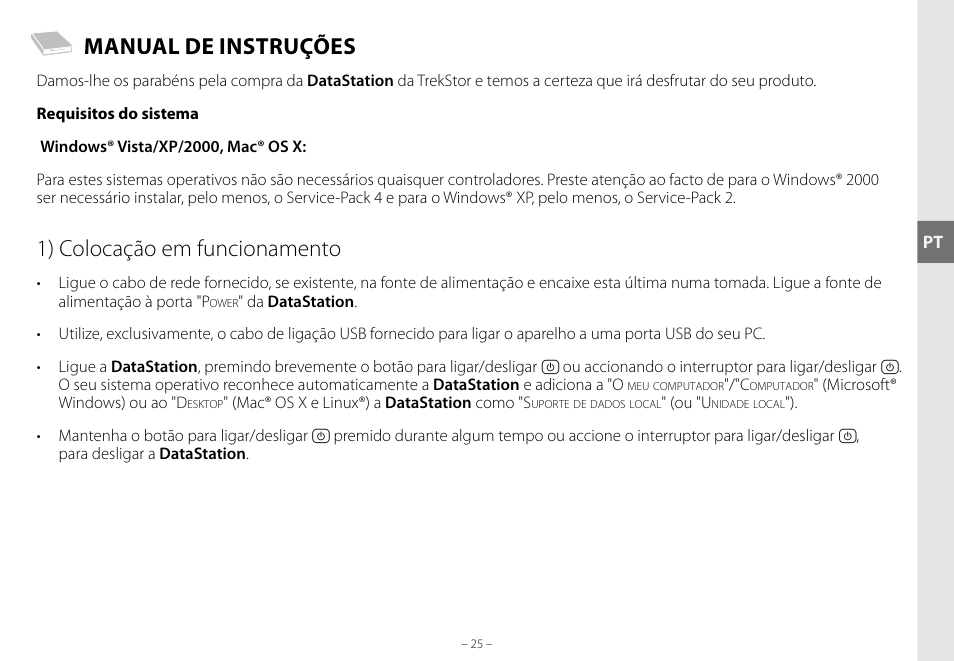 Manual de instruções, 1) colocação em funcionamento | TrekStor DataStation maxi g.u User Manual | Page 25 / 65