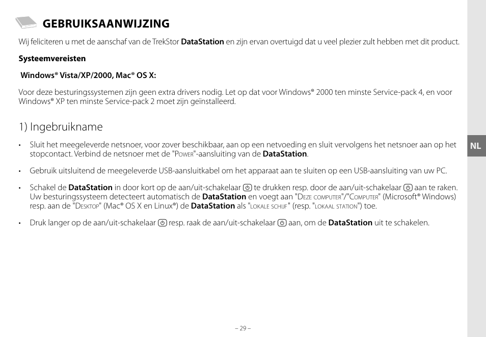 Gebruiksaanwijzing, 1) ingebruikname | TrekStor DataStation maxi g.u User Manual | Page 29 / 65