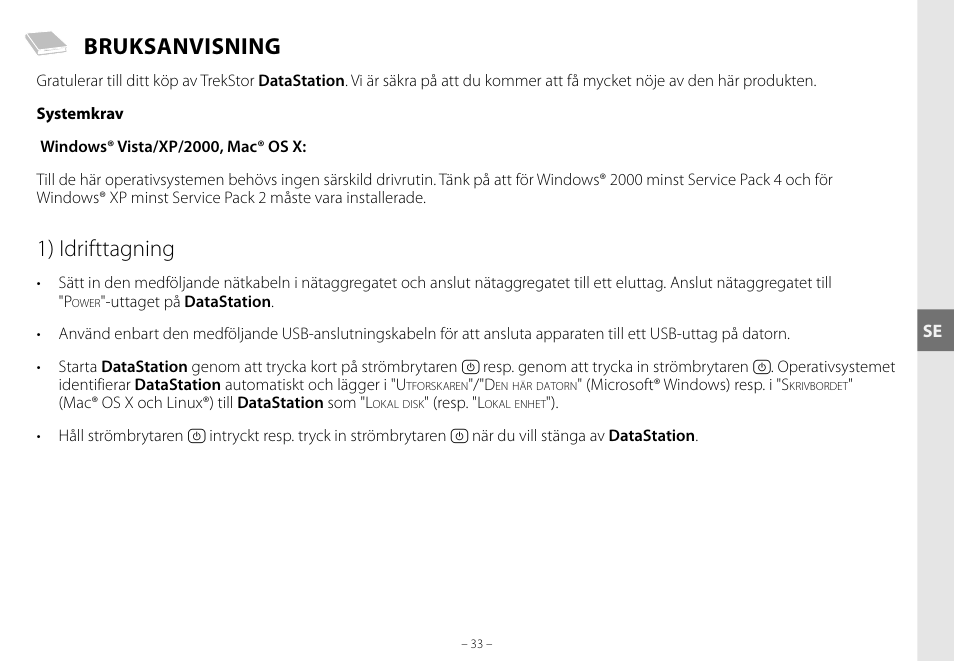 Bruksanvisning, 1) idrifttagning | TrekStor DataStation maxi g.u User Manual | Page 33 / 65