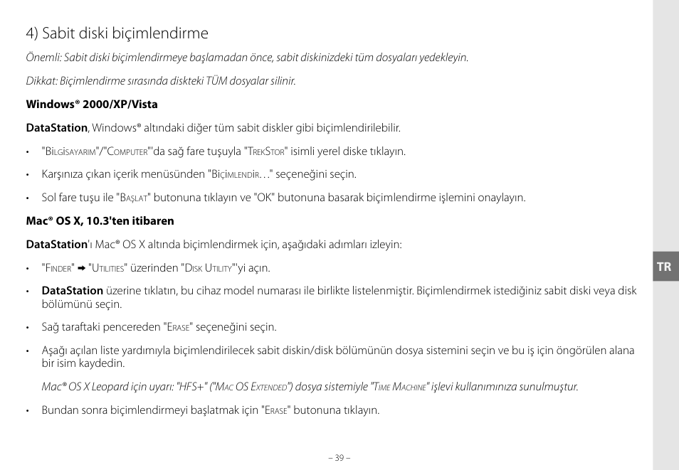 4) sabit diski biçimlendirme | TrekStor DataStation maxi g.u User Manual | Page 39 / 65