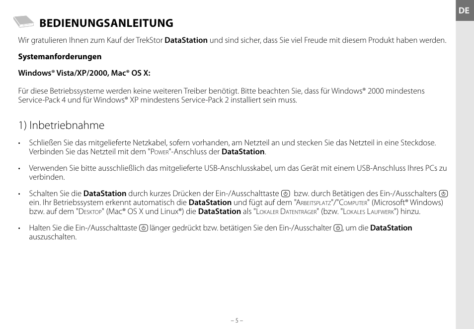 Bedienungsanleitung, 1) inbetriebnahme | TrekStor DataStation maxi g.u User Manual | Page 5 / 65