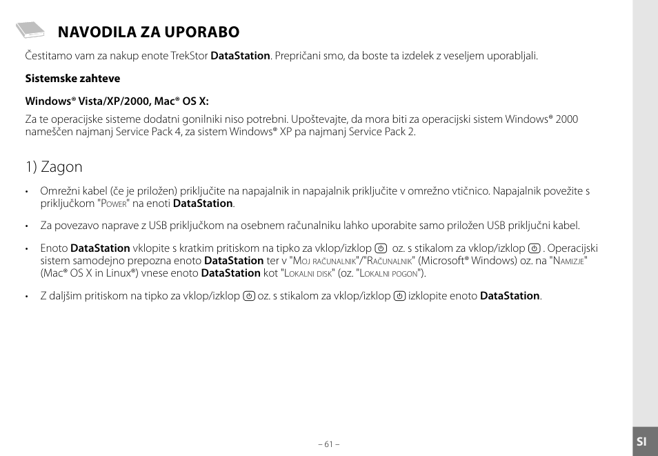 Navodila za uporabo, 1) zagon | TrekStor DataStation maxi g.u User Manual | Page 61 / 65