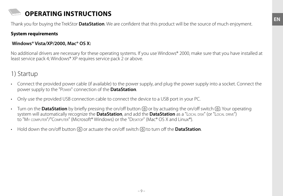 Operating instructions, 1) startup | TrekStor DataStation maxi g.u User Manual | Page 9 / 65