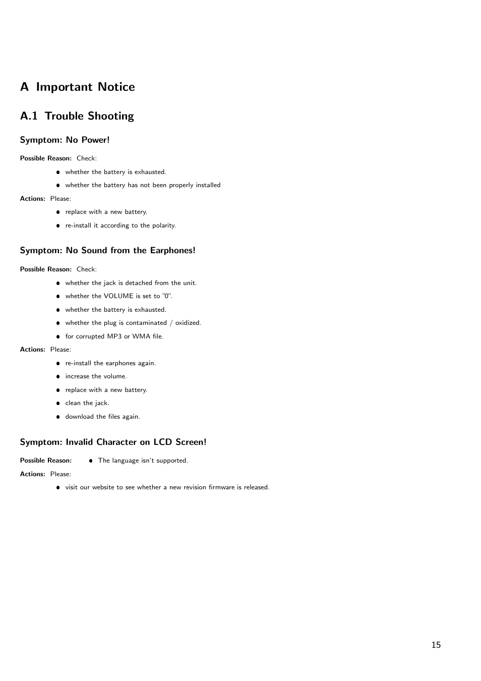 Important notice, Trouble shooting, A important notice | A.1 trouble shooting, Symptom: no power, Symptom: no sound from the earphones, Symptom: invalid character on lcd screen | TrekStor USB-MusicStick MusicStick 100 User Manual | Page 19 / 24