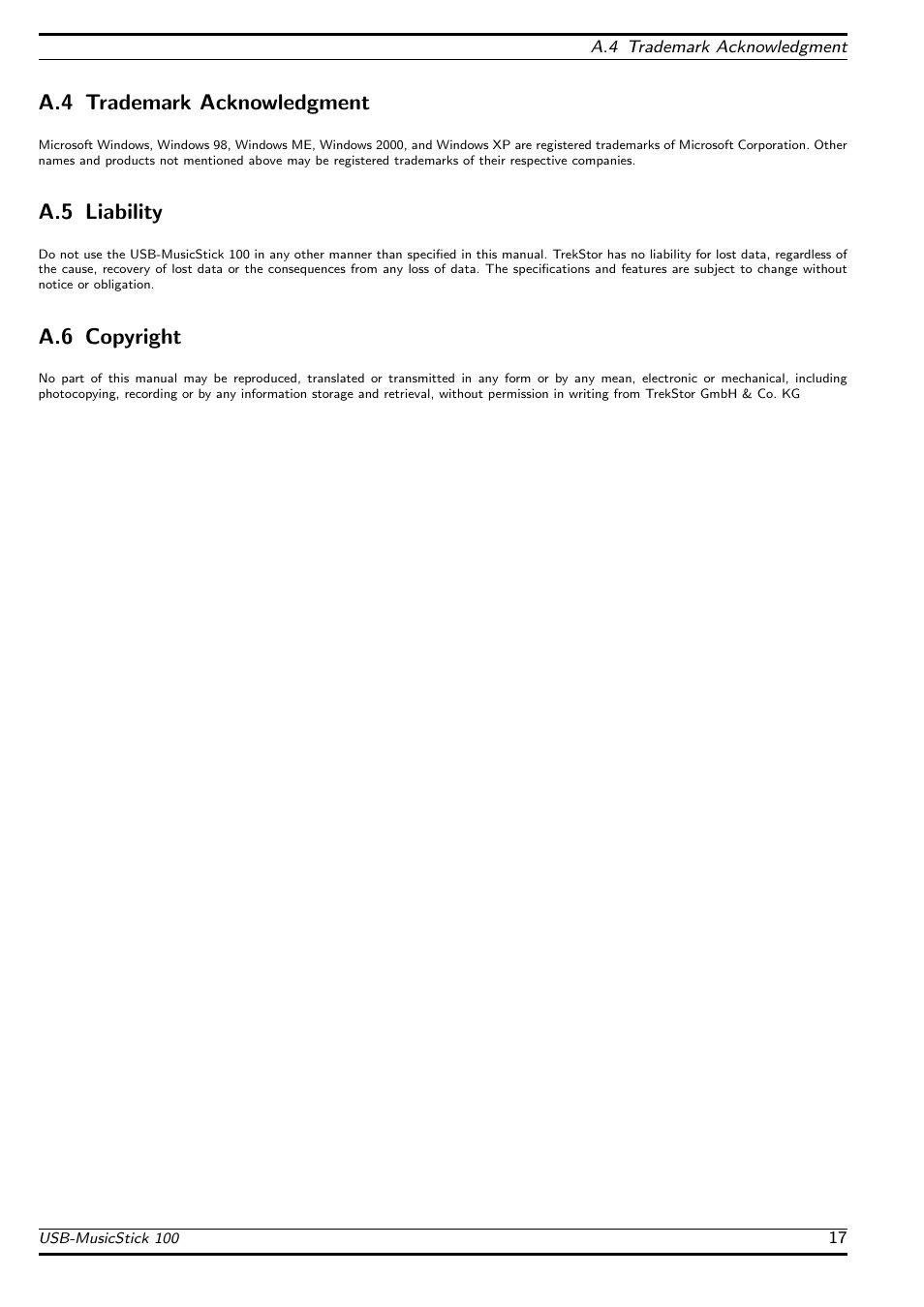 Trademark acknowledgment, Liability, Copyright | A.4 trademark acknowledgment, A.5 liability, A.6 copyright | TrekStor USB-MusicStick MusicStick 100 User Manual | Page 21 / 24