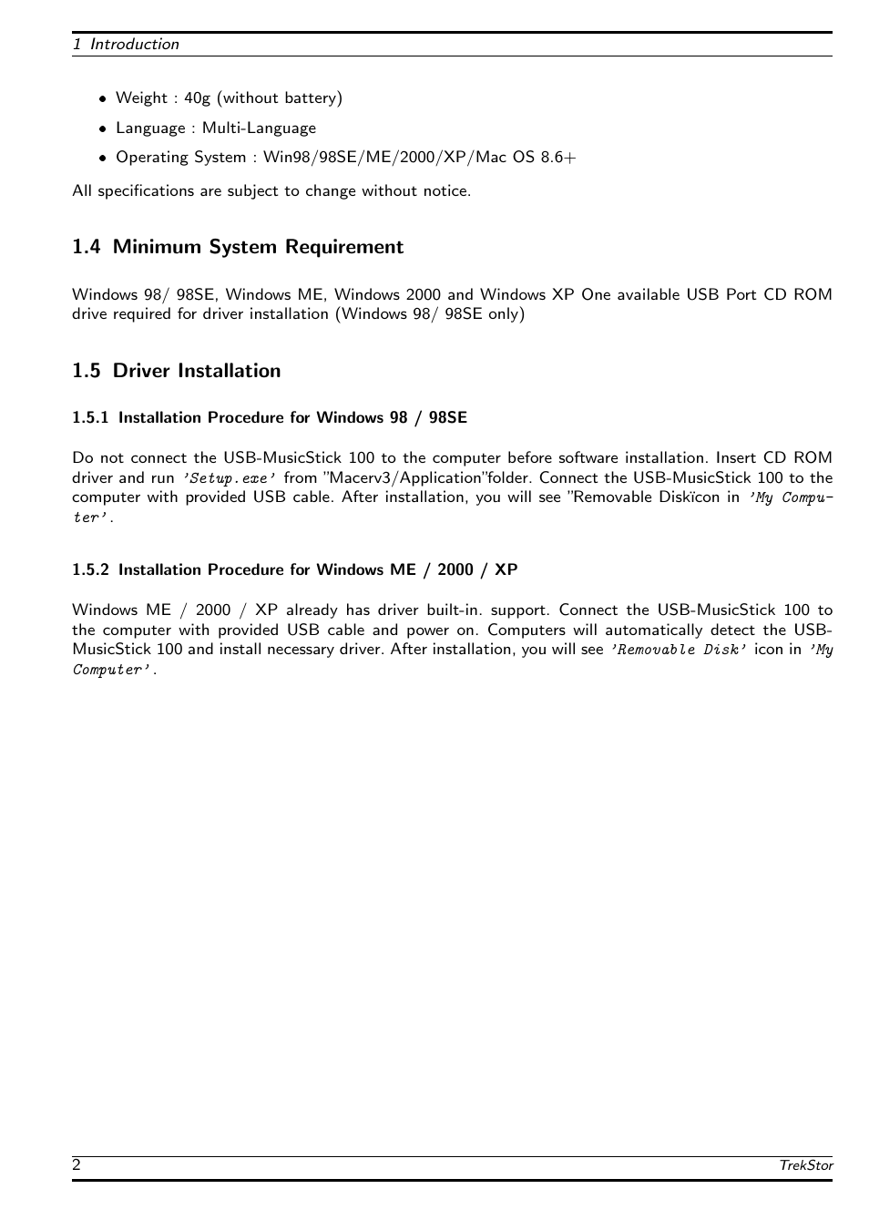 Minimum system requirement, Driver installation, Installation procedure for windows 98 / 98se | Installation procedure for windows me / 2000 / xp, 4 minimum system requirement, 5 driver installation | TrekStor USB-MusicStick MusicStick 100 User Manual | Page 6 / 24