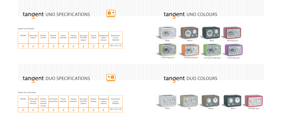 Uno specifications, Uno colours duo specifications duo colours | Tangent Audio FM/AM Radio Clock User Manual | Page 11 / 13
