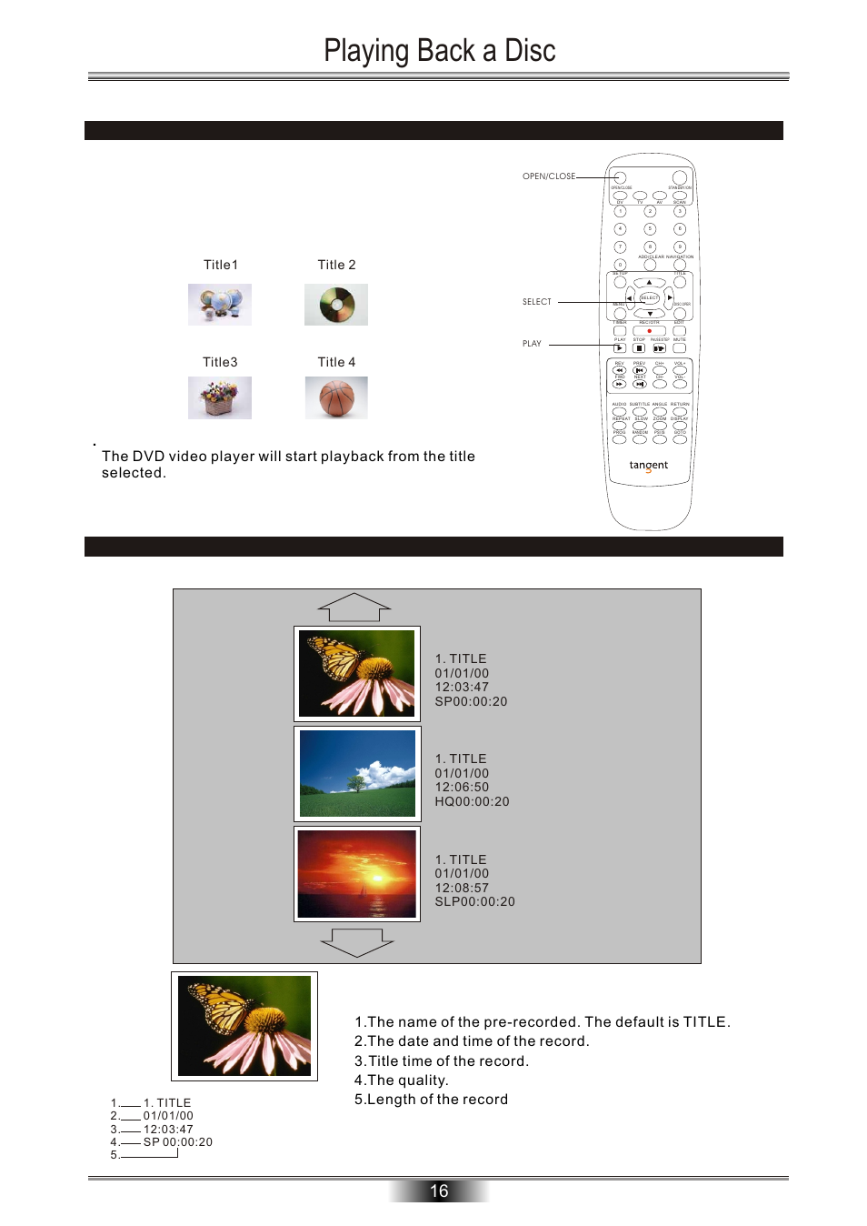 Playing back a disc, Title1 title 2 title 4 title3 | Tangent Audio DVR-500 User Manual | Page 18 / 40