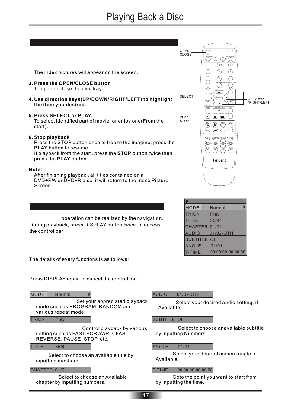Playing back a disc, Playing a dvd+rw or dvd+r disc | Tangent Audio DVR-500 User Manual | Page 19 / 40