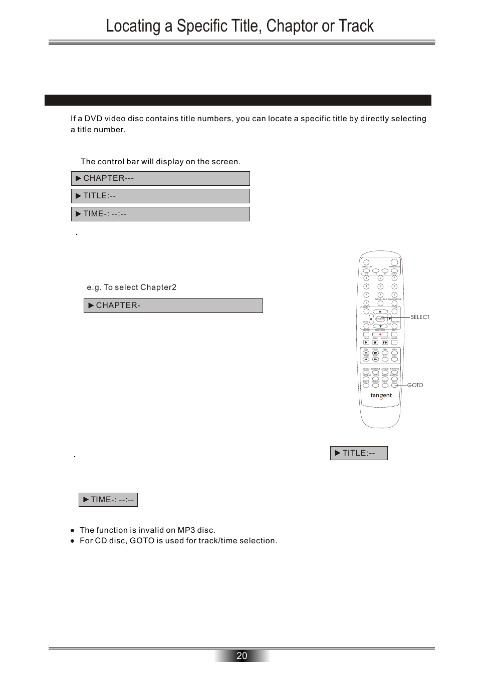 Locating a specific title, chaptor or track, Time | Tangent Audio DVR-500 User Manual | Page 22 / 40