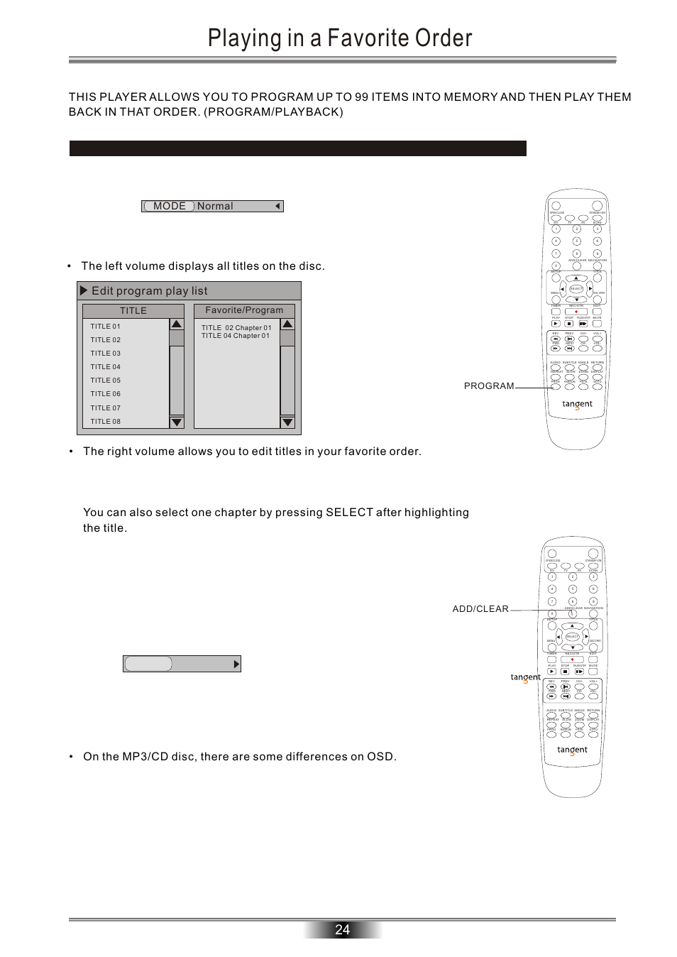 Playing in a favorite order, Edit program play list, Mode program | Mode normal, Program add/clear, Title, Favorite/program | Tangent Audio DVR-500 User Manual | Page 26 / 40