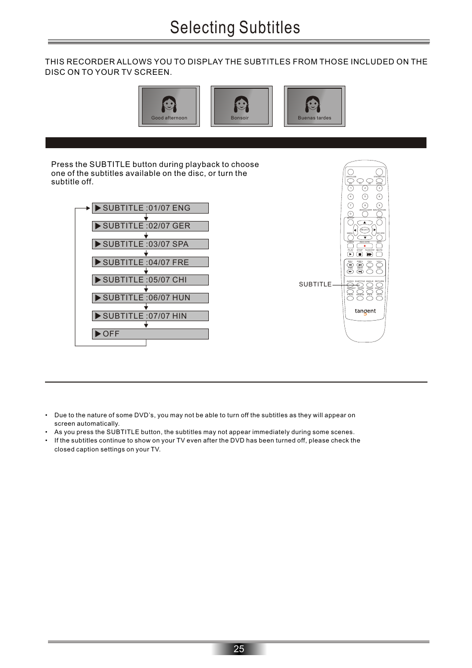 Selecting subtitles, Subtitle | Tangent Audio DVR-500 User Manual | Page 27 / 40