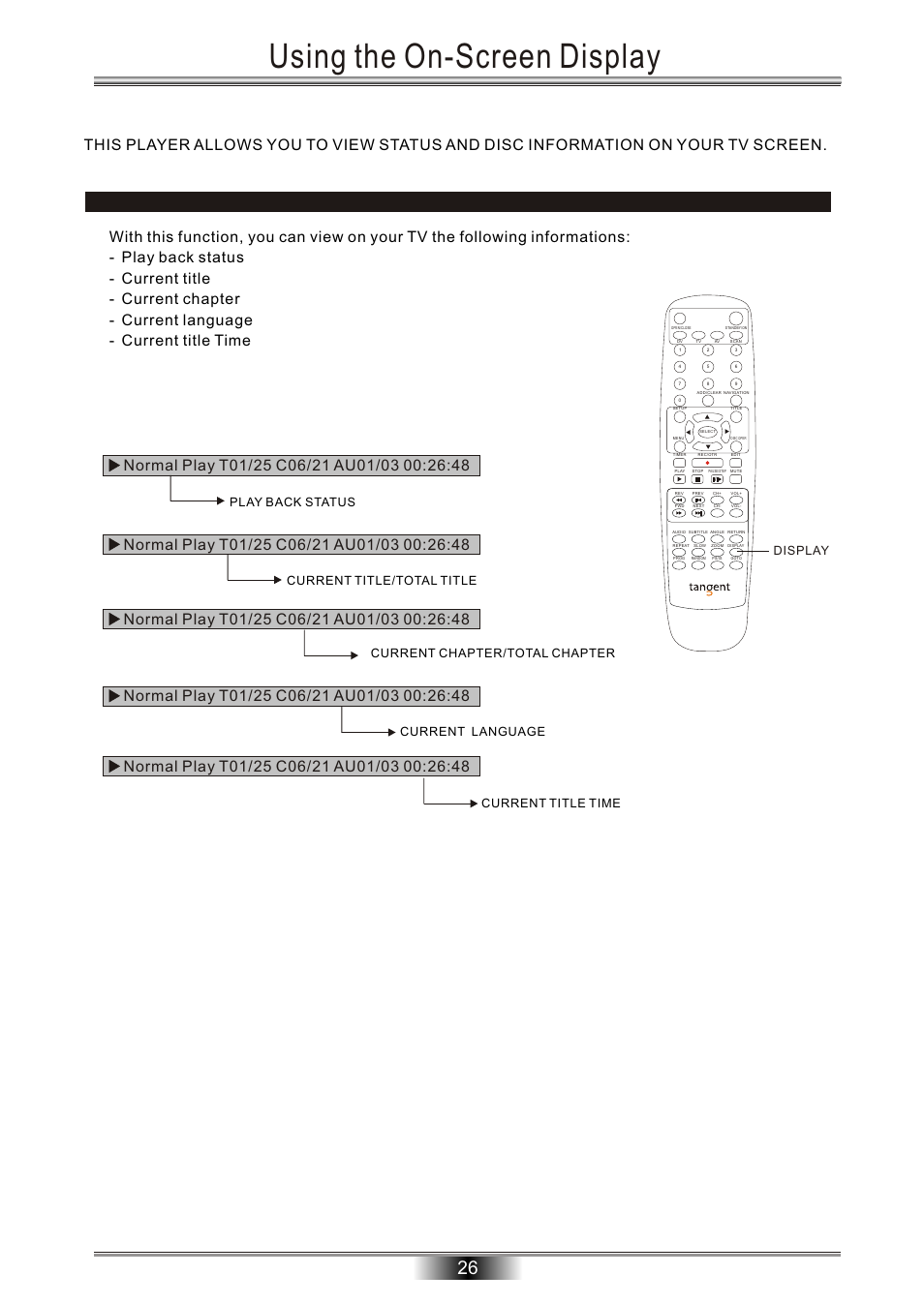 Using the on-screen display, Checking the operational status, Display | Play back status | Tangent Audio DVR-500 User Manual | Page 28 / 40